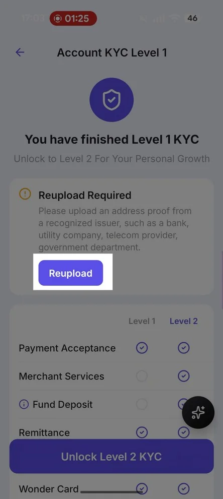 顯示「需重新上傳」的帳戶 KYC 第 1 級畫面