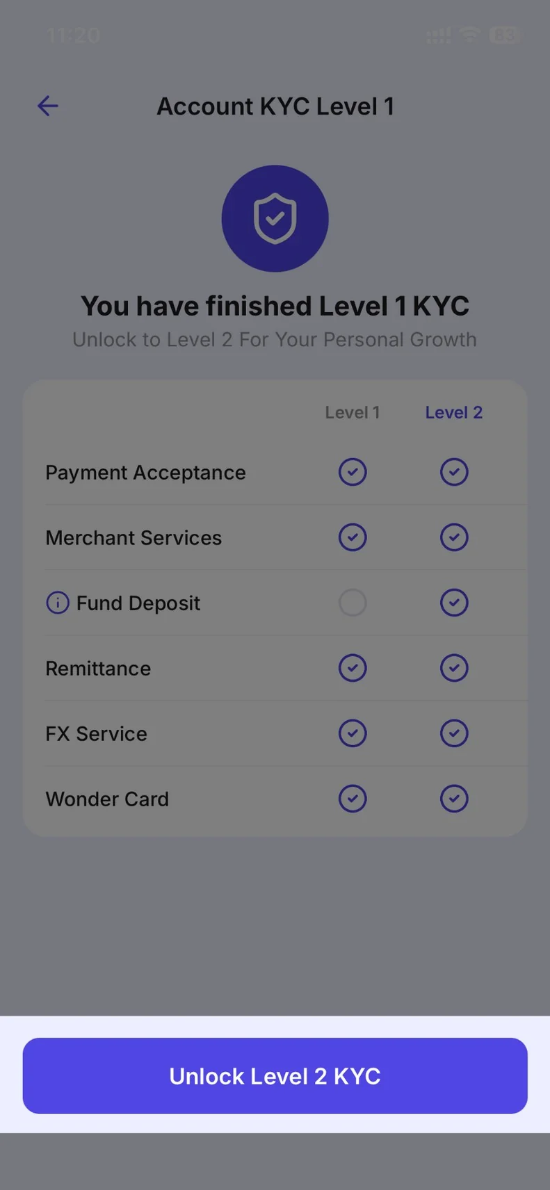 顯示第一級與第二級服務可用性的帳戶 KYC 第一級畫面