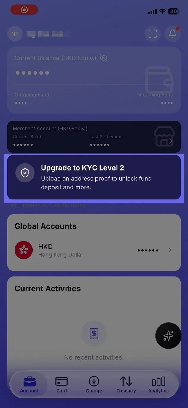 行動應用程式主畫面顯示「升級至 KYC 第 2 級」的橫幅